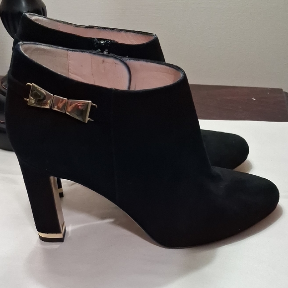 kate spade Shoes - Kate Spade Black Heeled Ankle Boots with Gold Bow